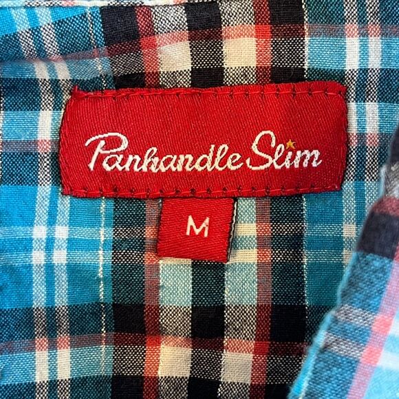 Panhandle Slim Blue Turquoise Plaid Medium Pearl Snap Western Shirt Embroidered - Picture 6 of 9